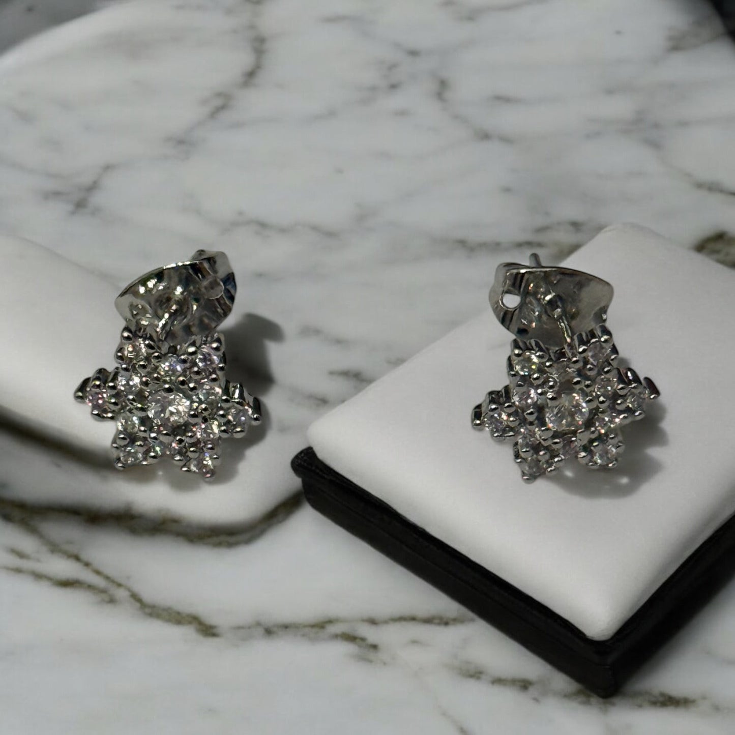 Flower with Cz Rhodium Electroplated Post Back Earrings