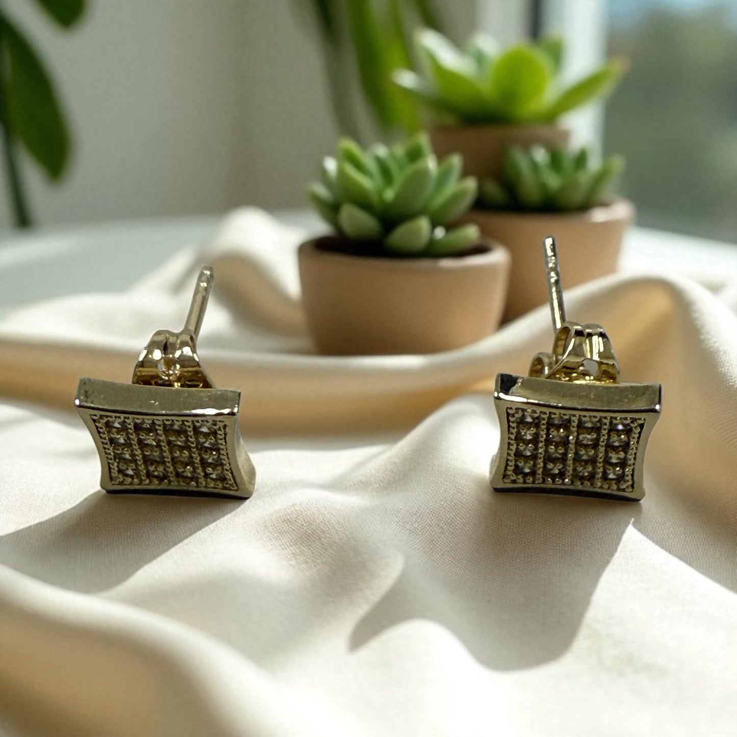 Square with Cz Paved Stones 14k Gold Electroplated Earrings