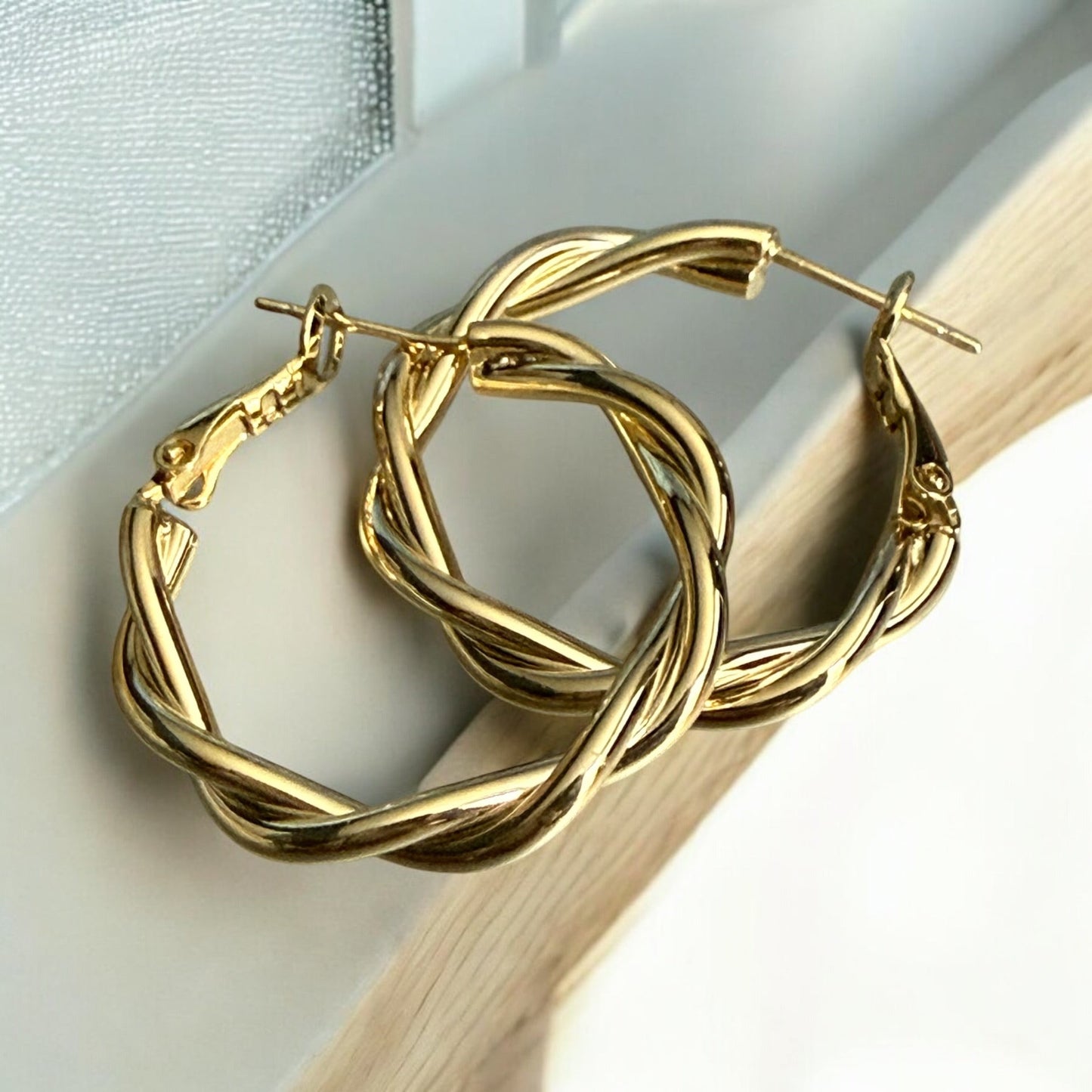 Braided Style 14k Gold Electroplated Hoop Earrings