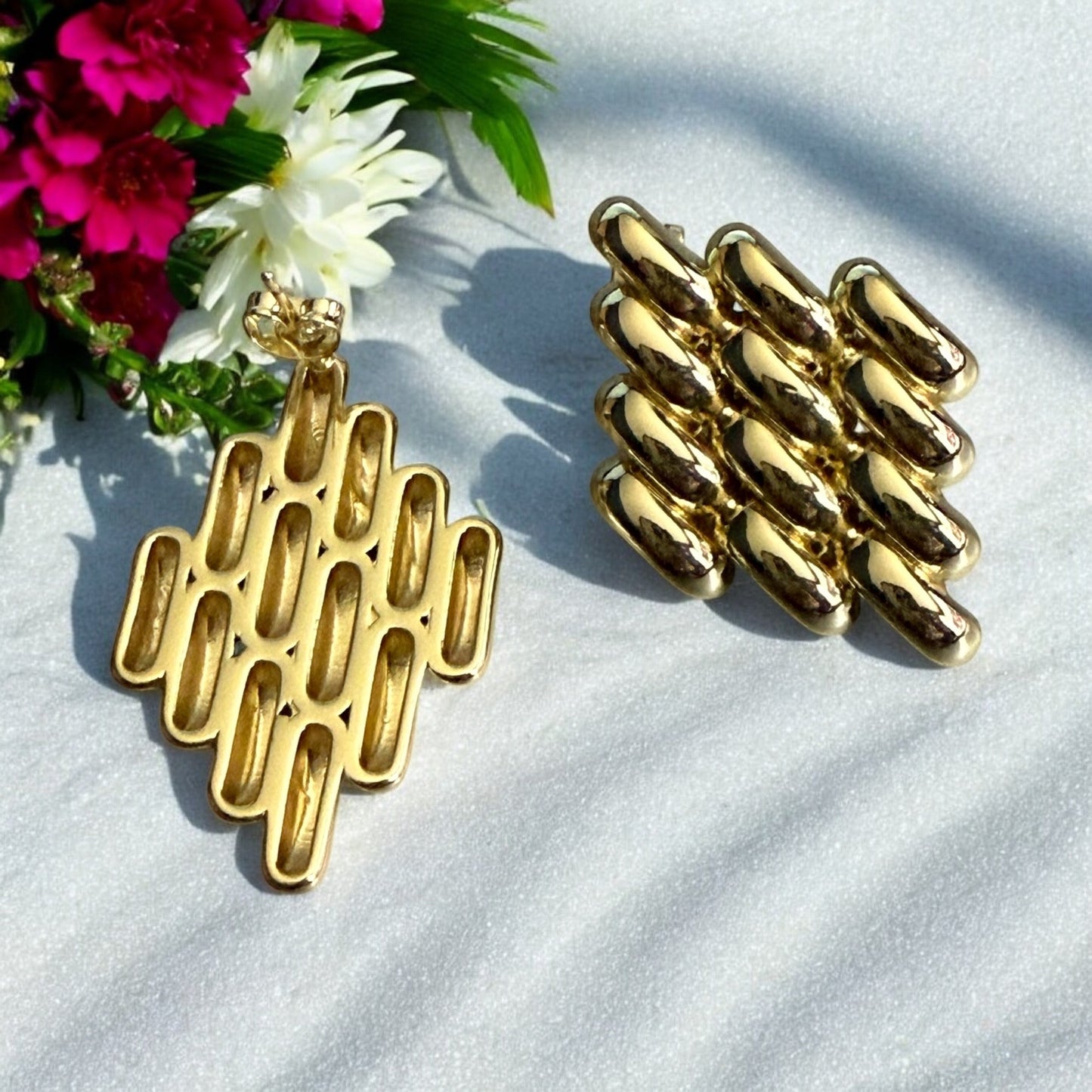 Paved Polished Style 14k Gold Electroplated Earrings