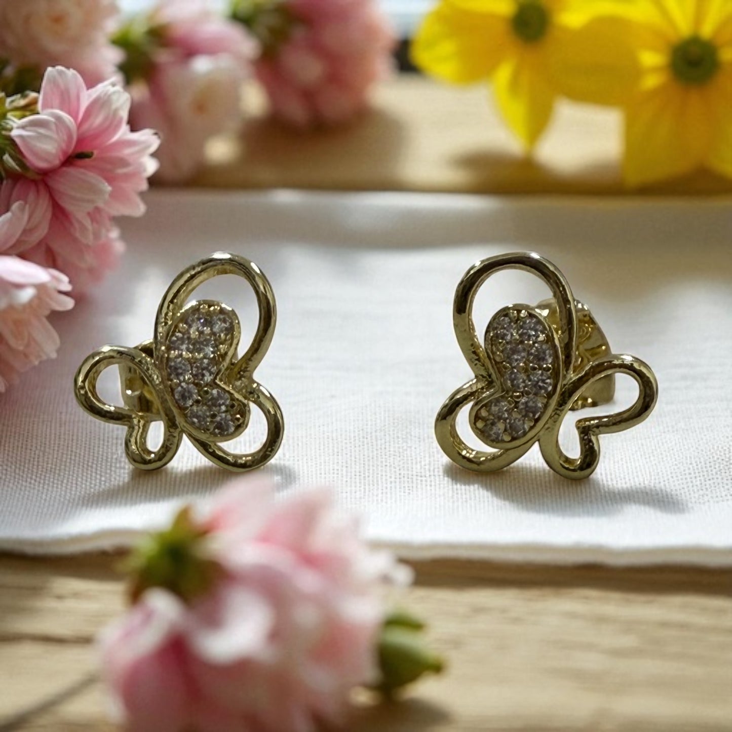 Butterfly with Cz 14k Gold Electroplated Earrings