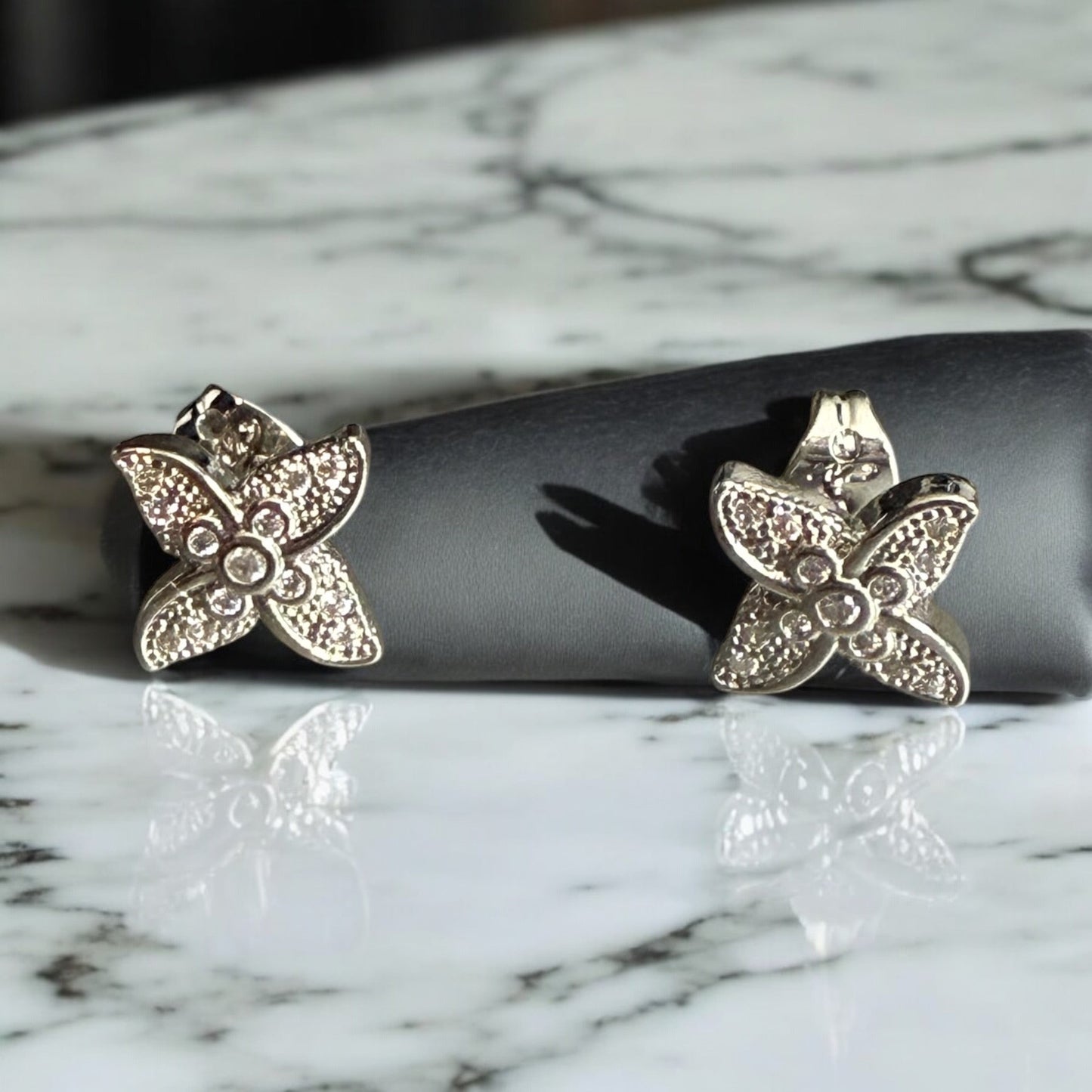 Flower with CZ Stones Rhodium Electroplated Earrings