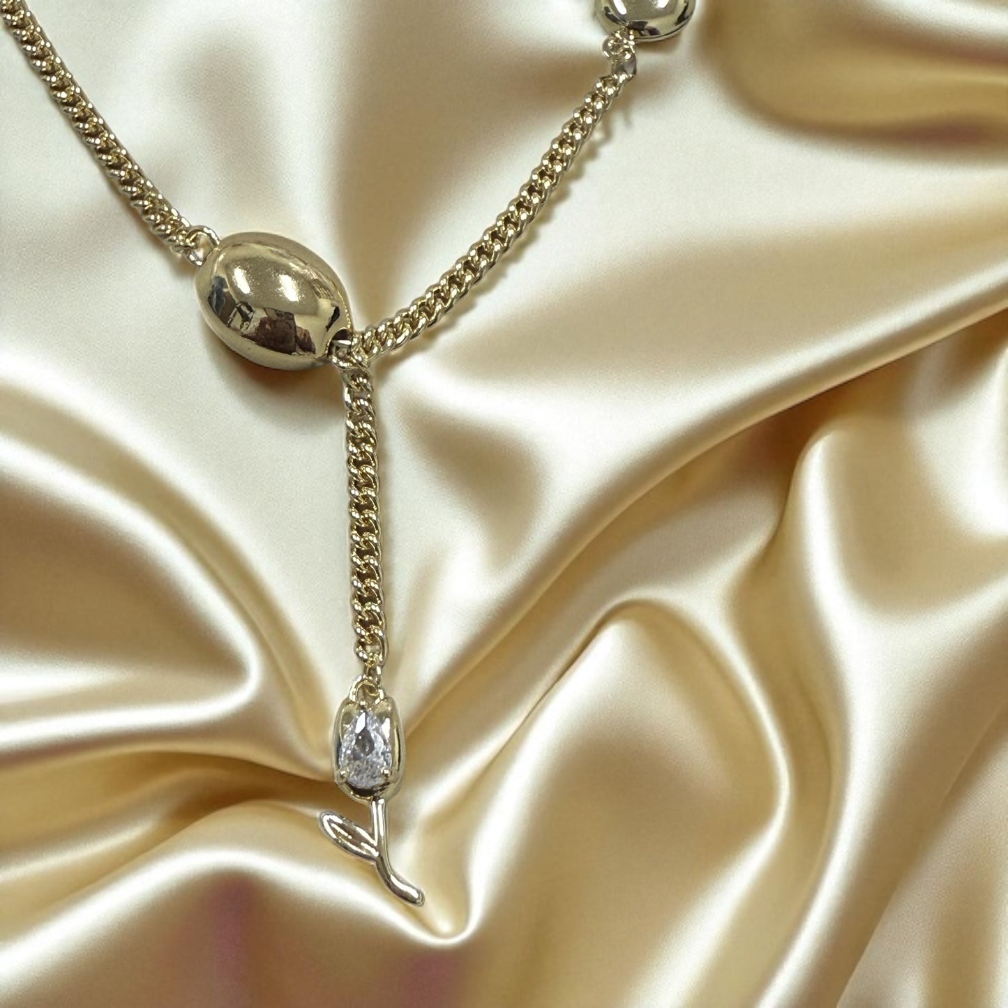 Bead and Flower 14k Gold Electroplated Necklace