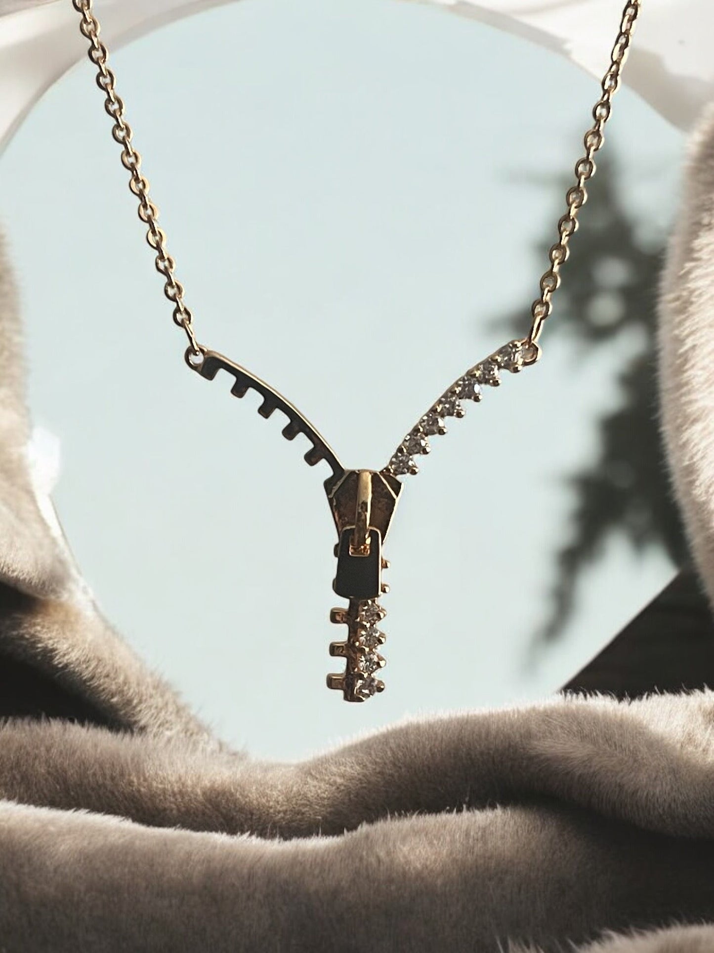 Zipper Design with CZ 18k Gold Electroplated Necklace