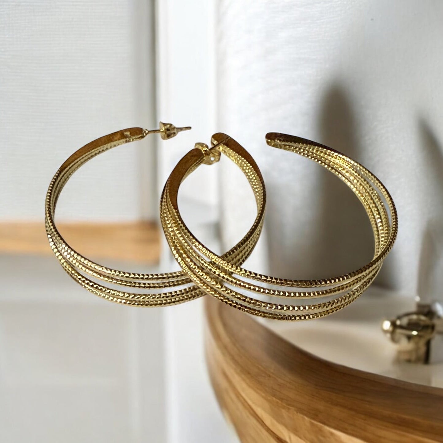 Layered Diamond Cut 14k Gold Electroplated Hoop Earrings