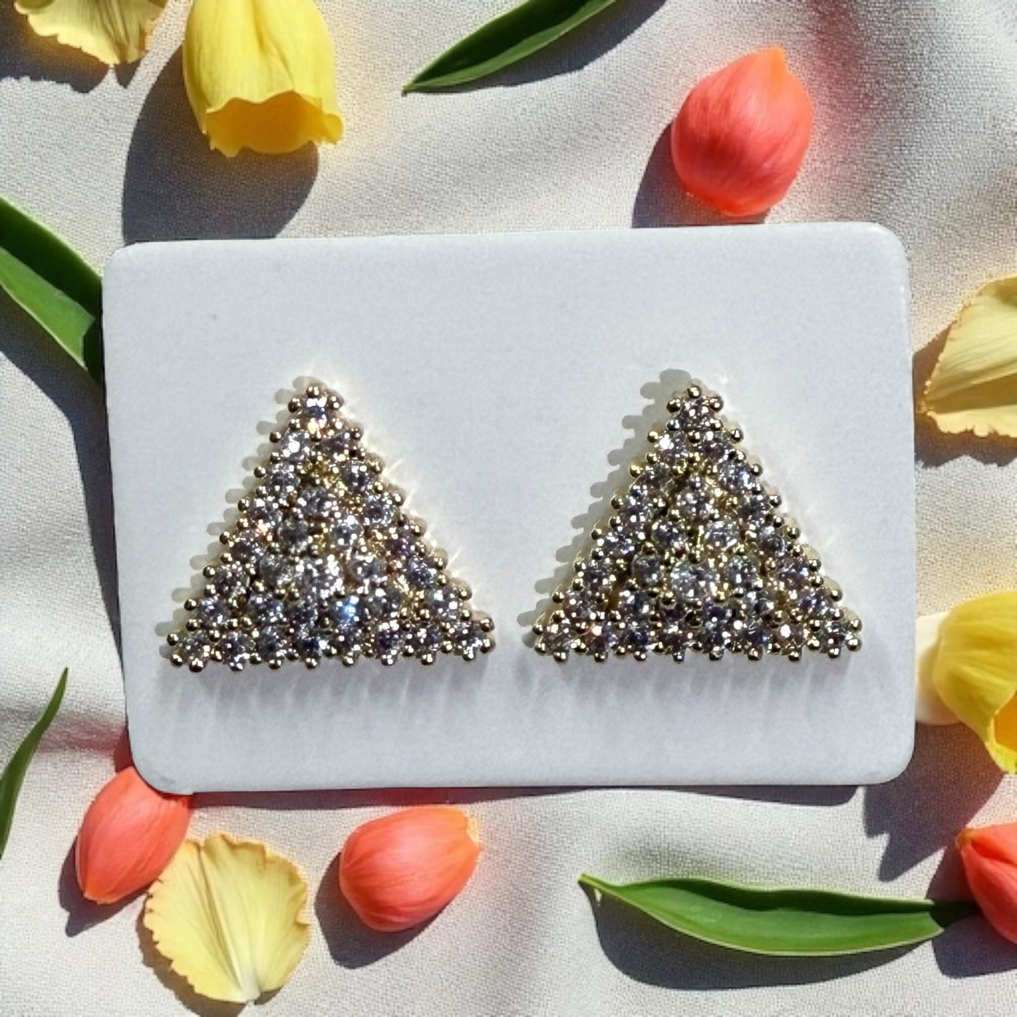 Triangle Shape with Paved Cz Stones 14k Gold Electroplated Earrings