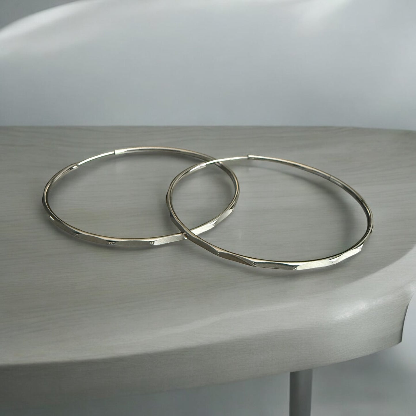 Thin Large with Design Rhodium Electroplated Hoop Earrings