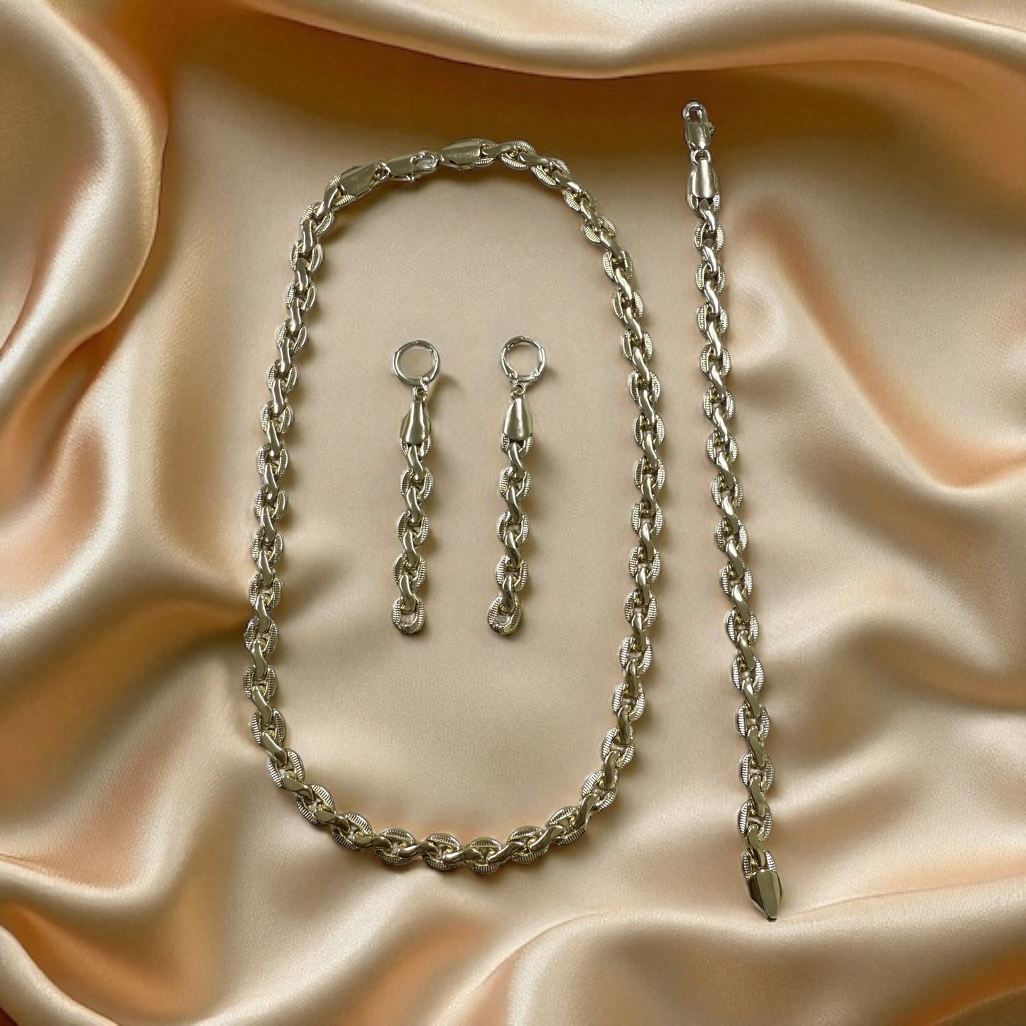 Chain Link 14k Gold Electroplated Necklace Bracelet and Earrings Set