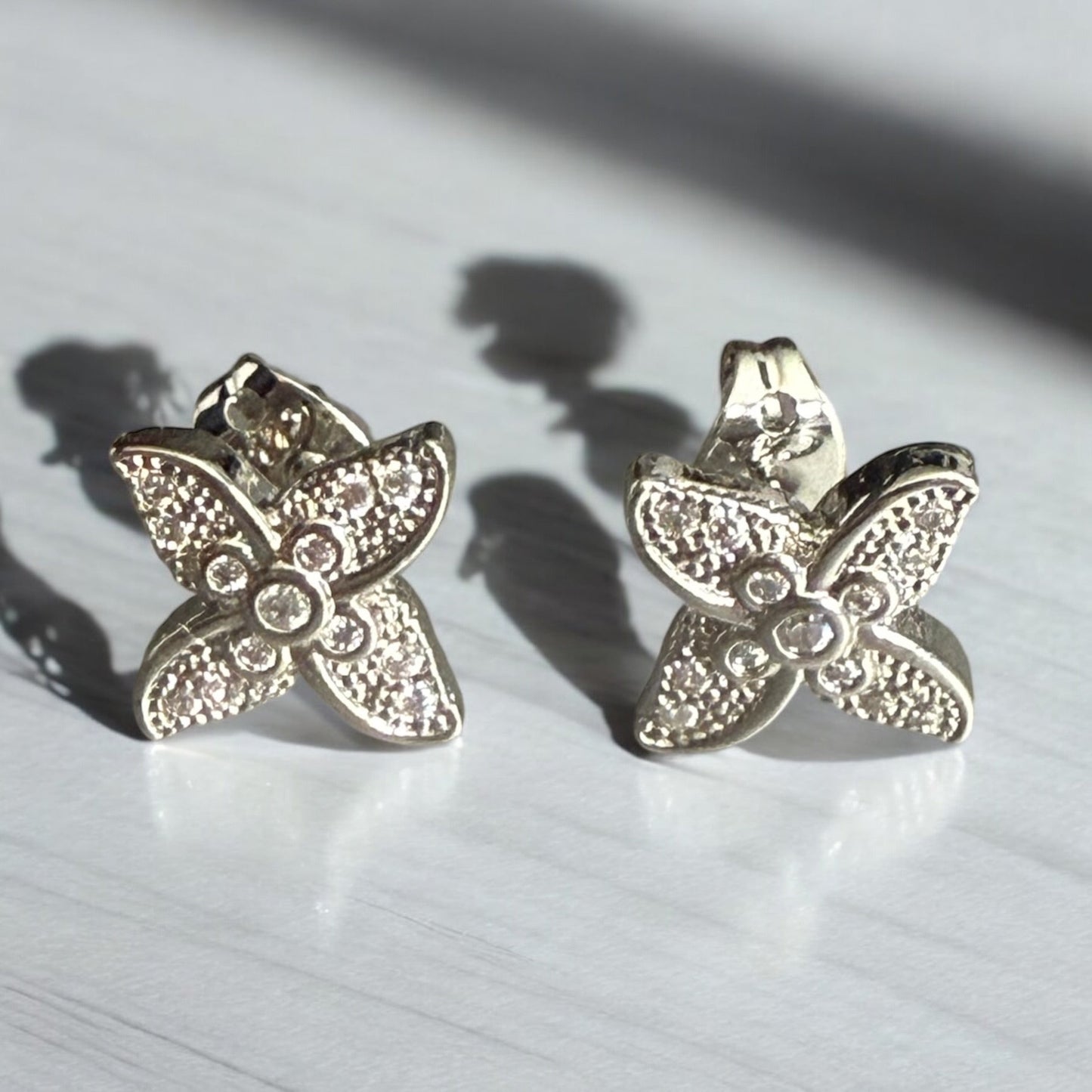 Flower with CZ Stones Rhodium Electroplated Earrings