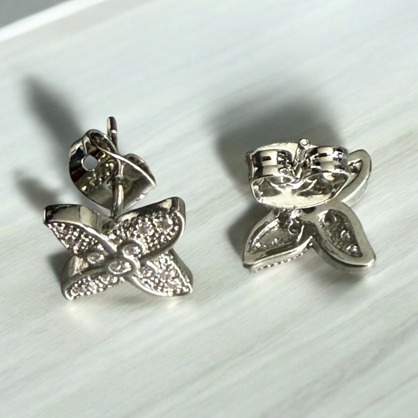 Flower with CZ Stones Rhodium Electroplated Earrings