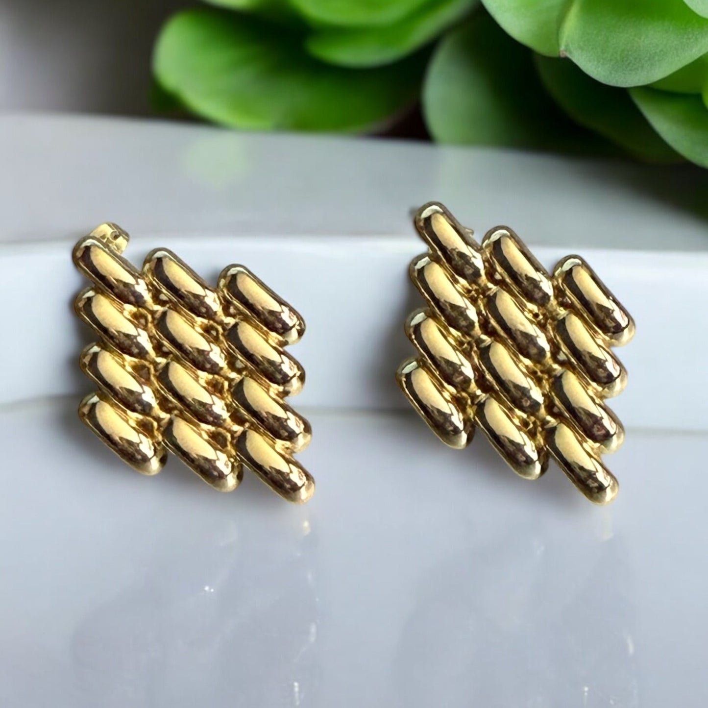 Paved Polished Style 14k Gold Electroplated Earrings
