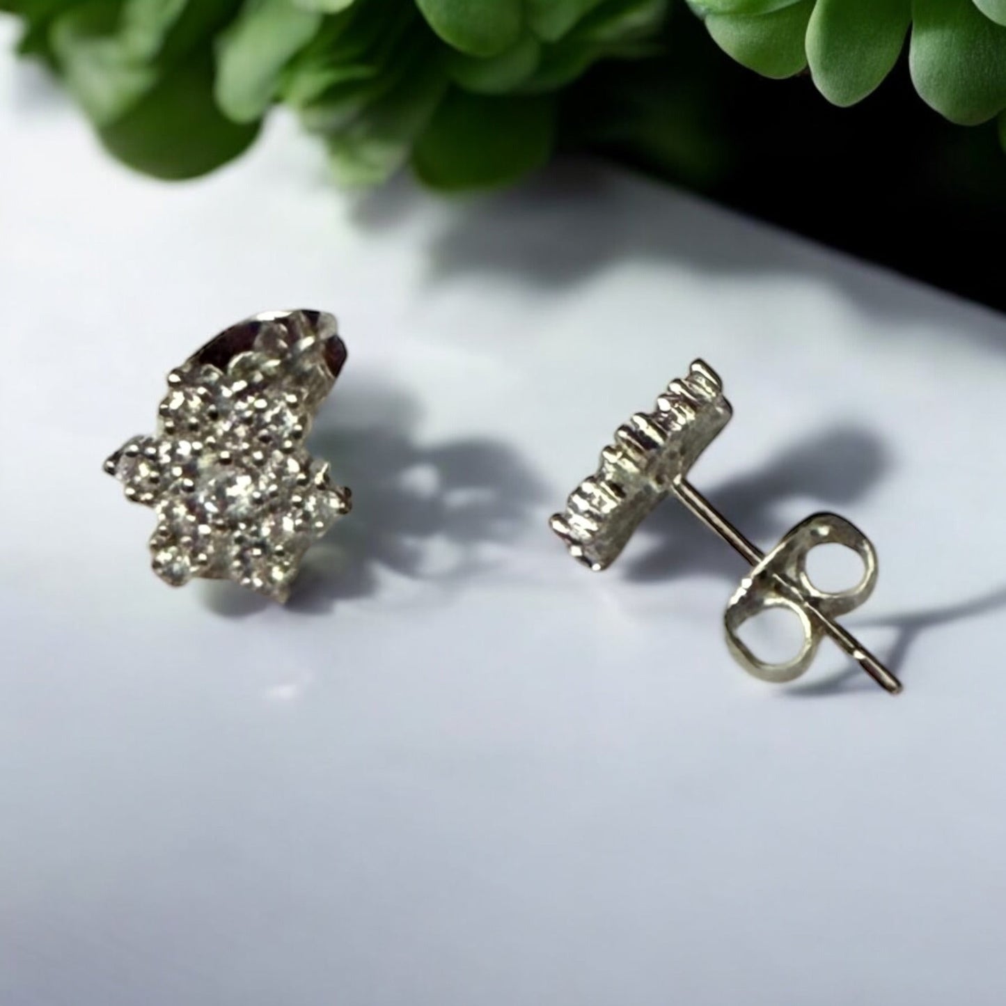 Flower with Cz Rhodium Electroplated Post Back Earrings