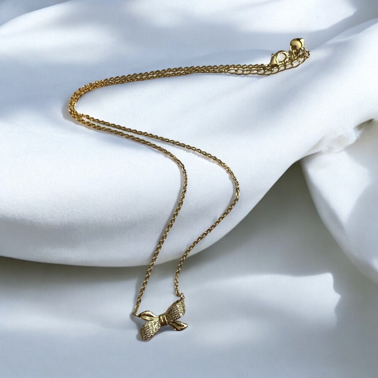 Paved CZ Bow Style 14k Gold Electroplated Necklace