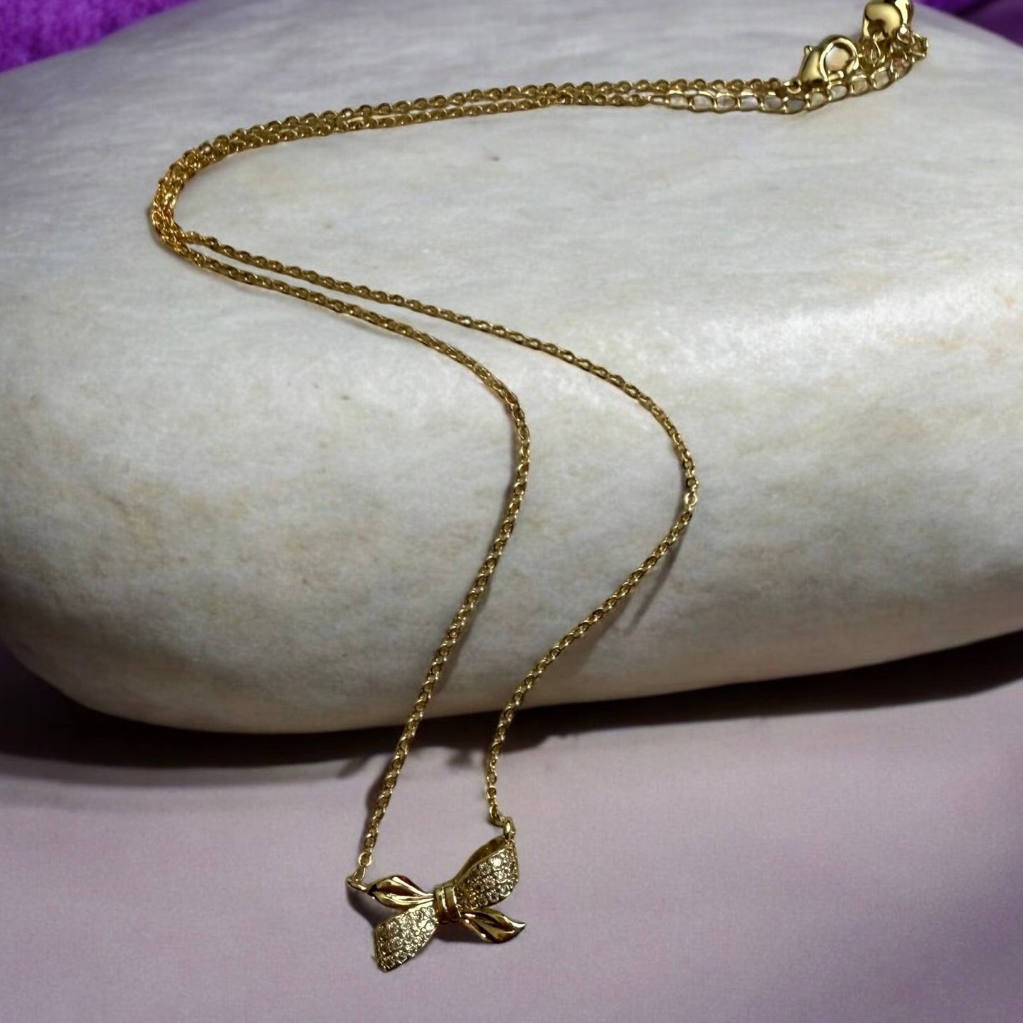 Paved CZ Bow Style 14k Gold Electroplated Necklace