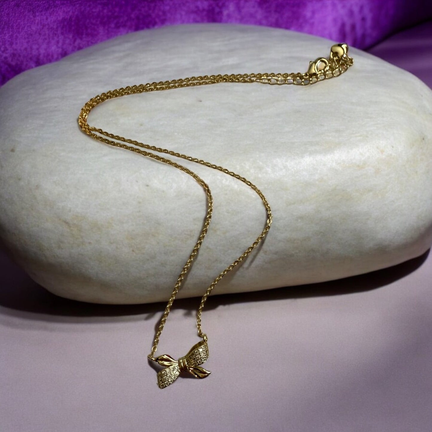 Paved CZ Bow Style 14k Gold Electroplated Necklace