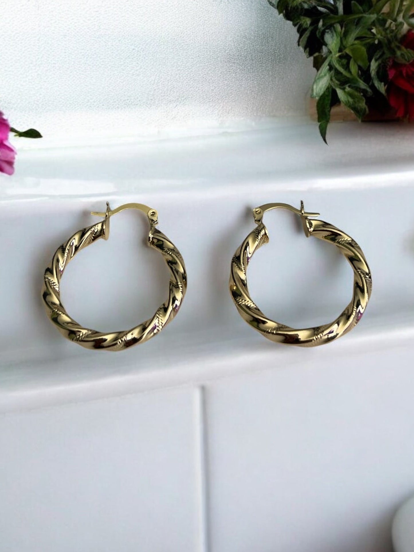 Thick Swirl Style 14k Gold Electroplated Hoop Earrings