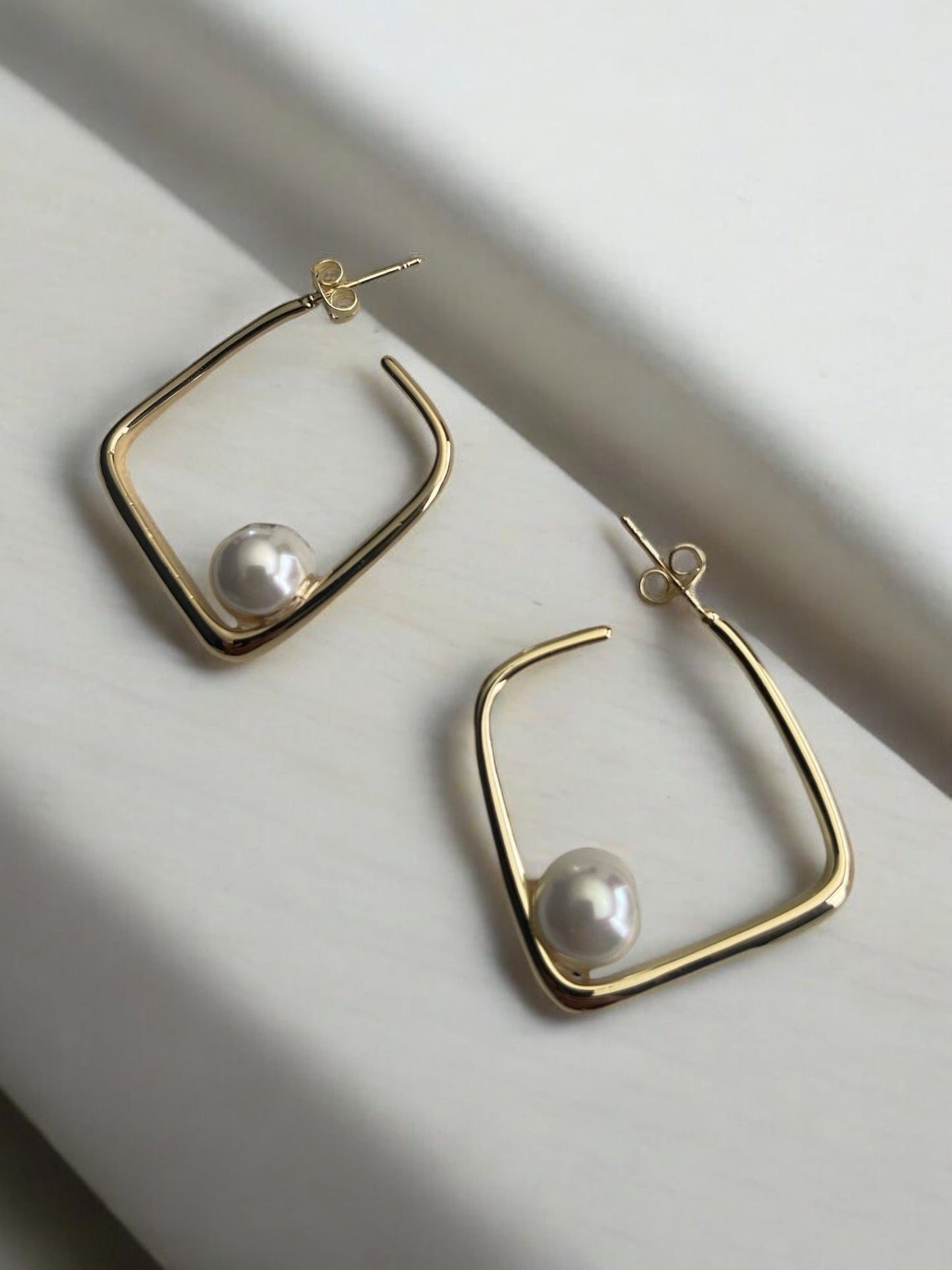 Square with Pearl Dangle 14k Gold Electroplated Earrings