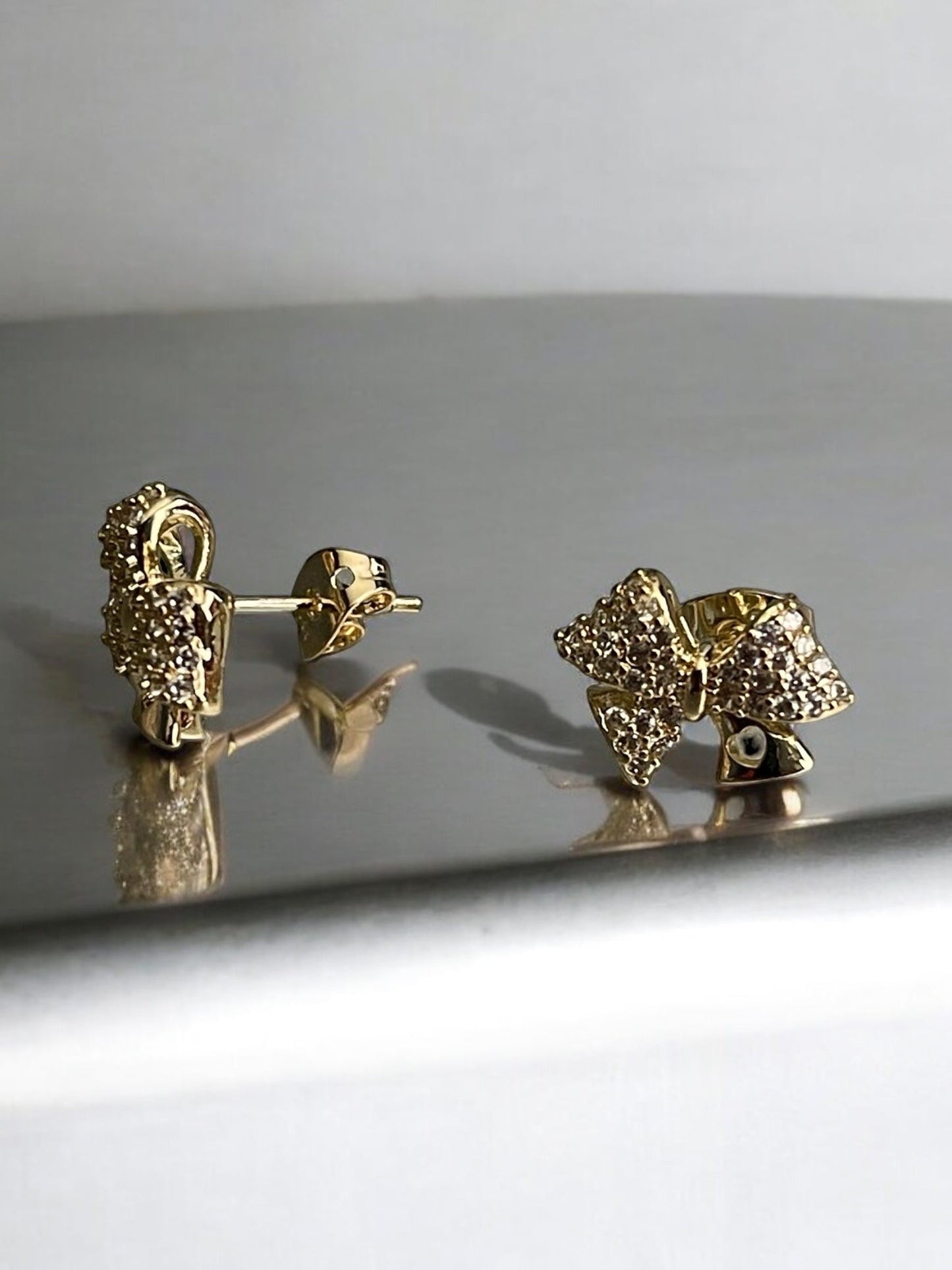 Bow Style with CZ 14k Gold Electroplated Earrings