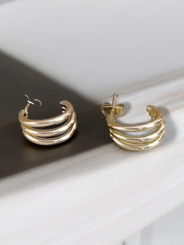 Triple Line 14k Gold Electroplated Hoop Earrings