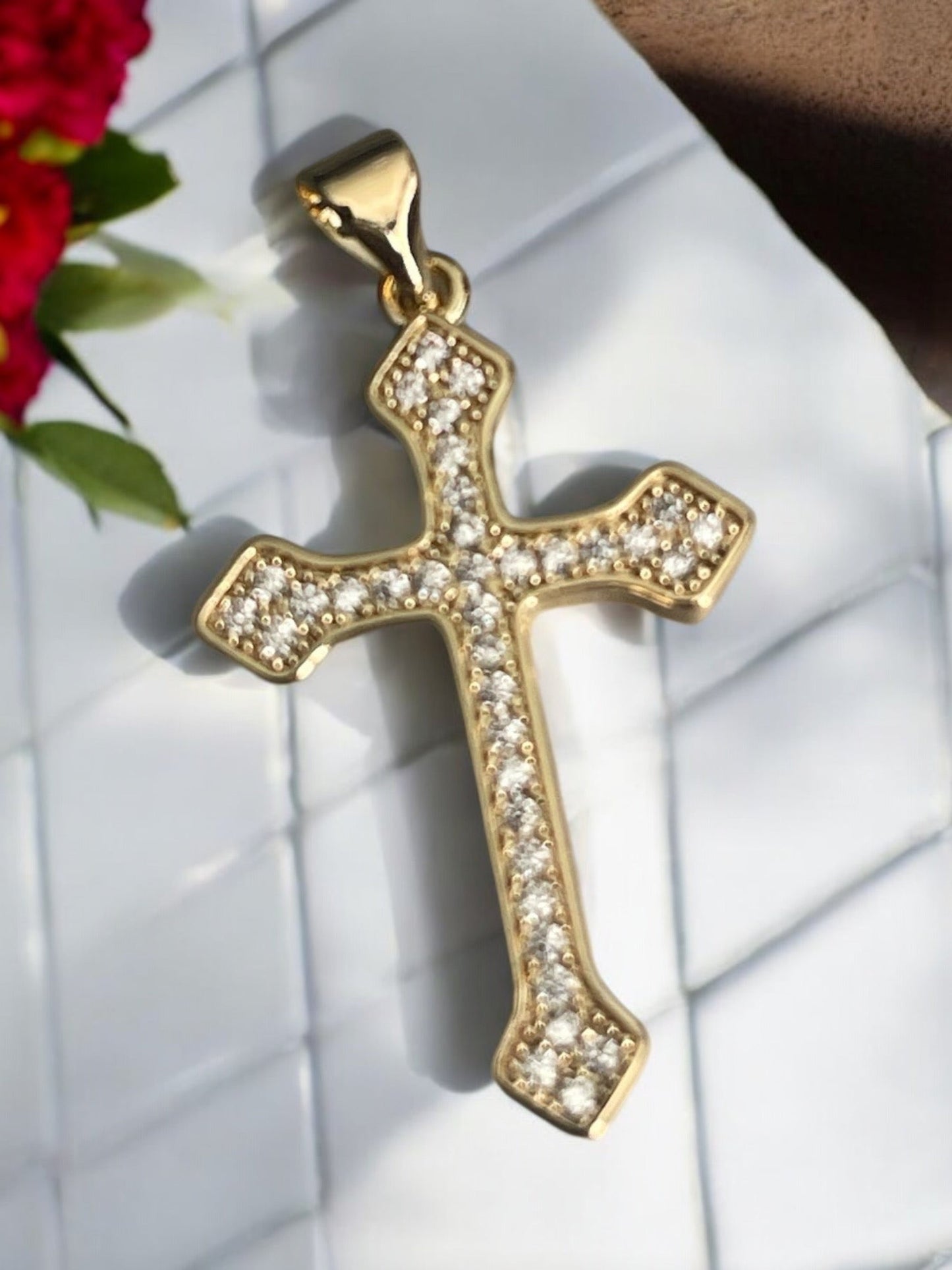 Cross CZ 14k Gold Electroplated Pendant