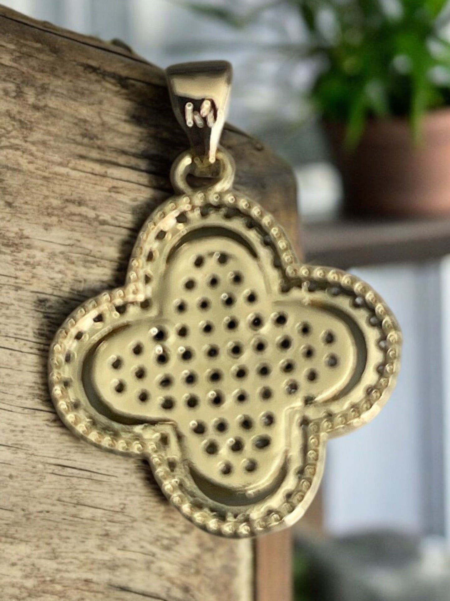 Clover With Paved Cz Stones 14k Gold Electroplated Pendant