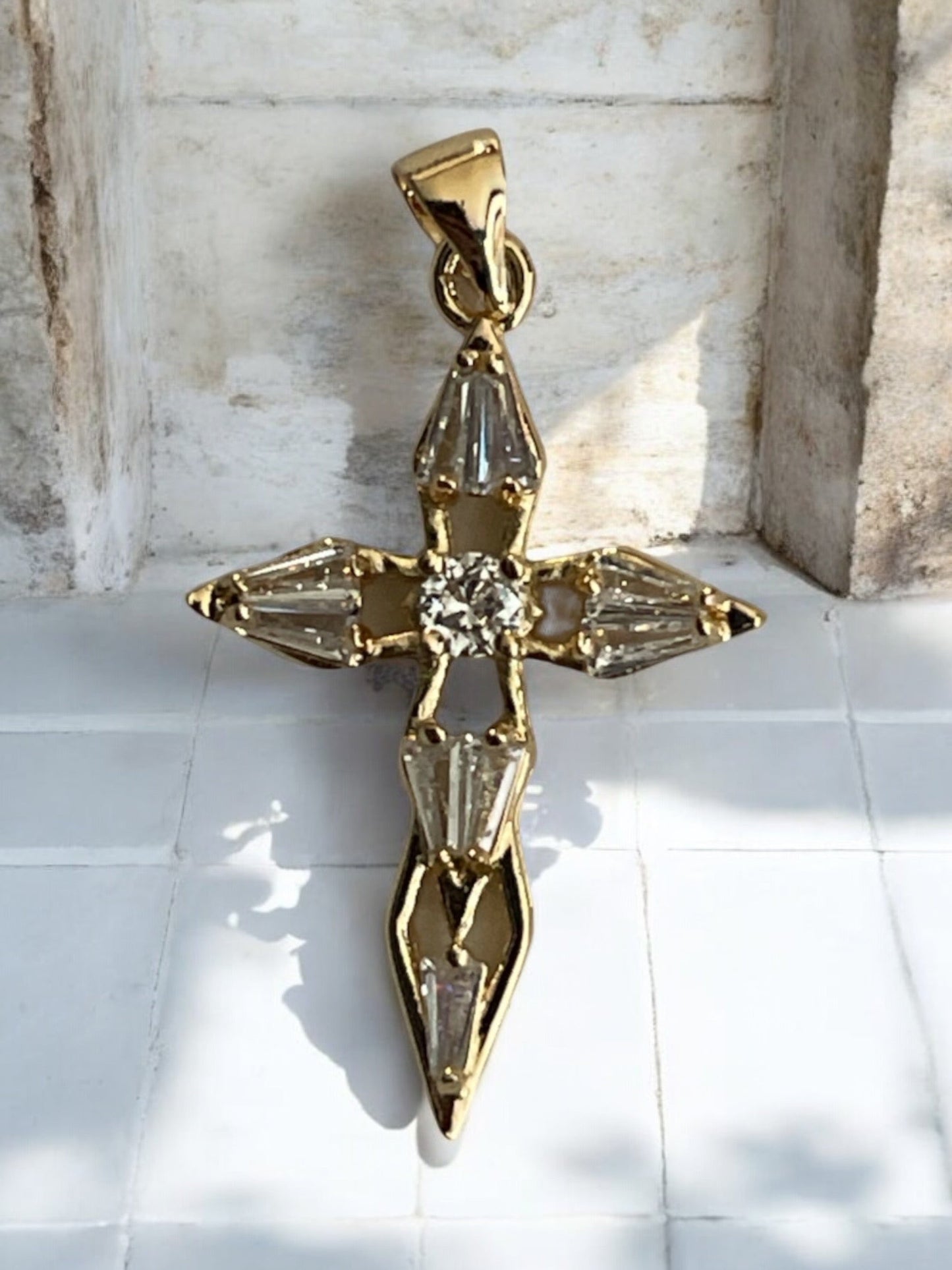 Geometric Design Cross With Cz Stones 14k Gold Electroplated Pendant