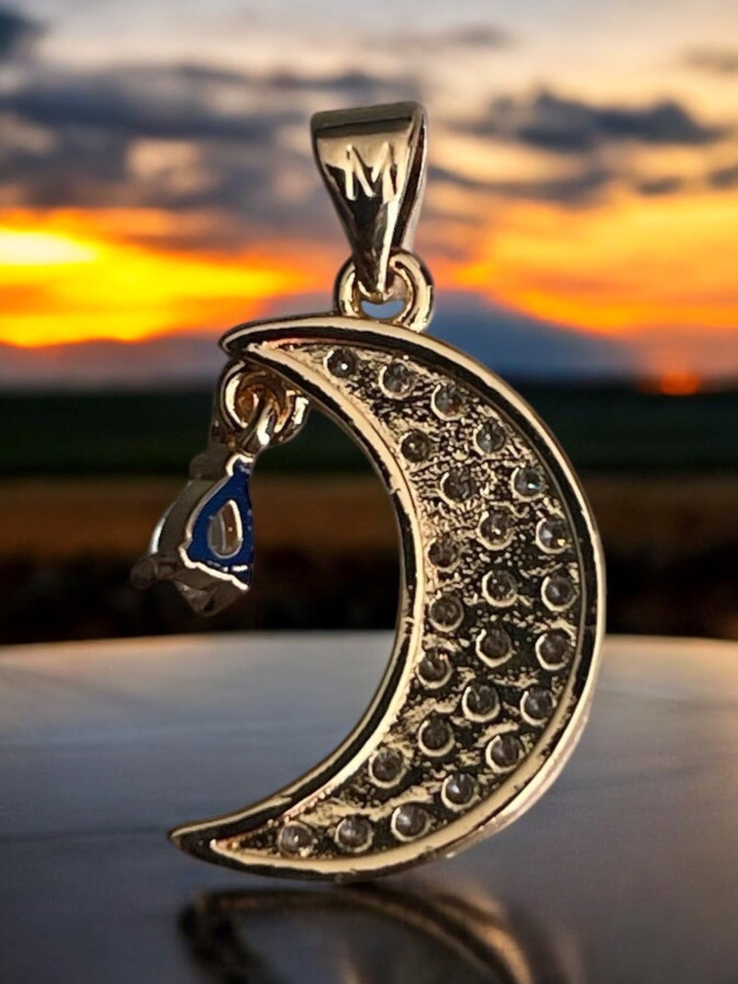 Moon with Paved Cz Stones 18k Gold Electroplated Pendant