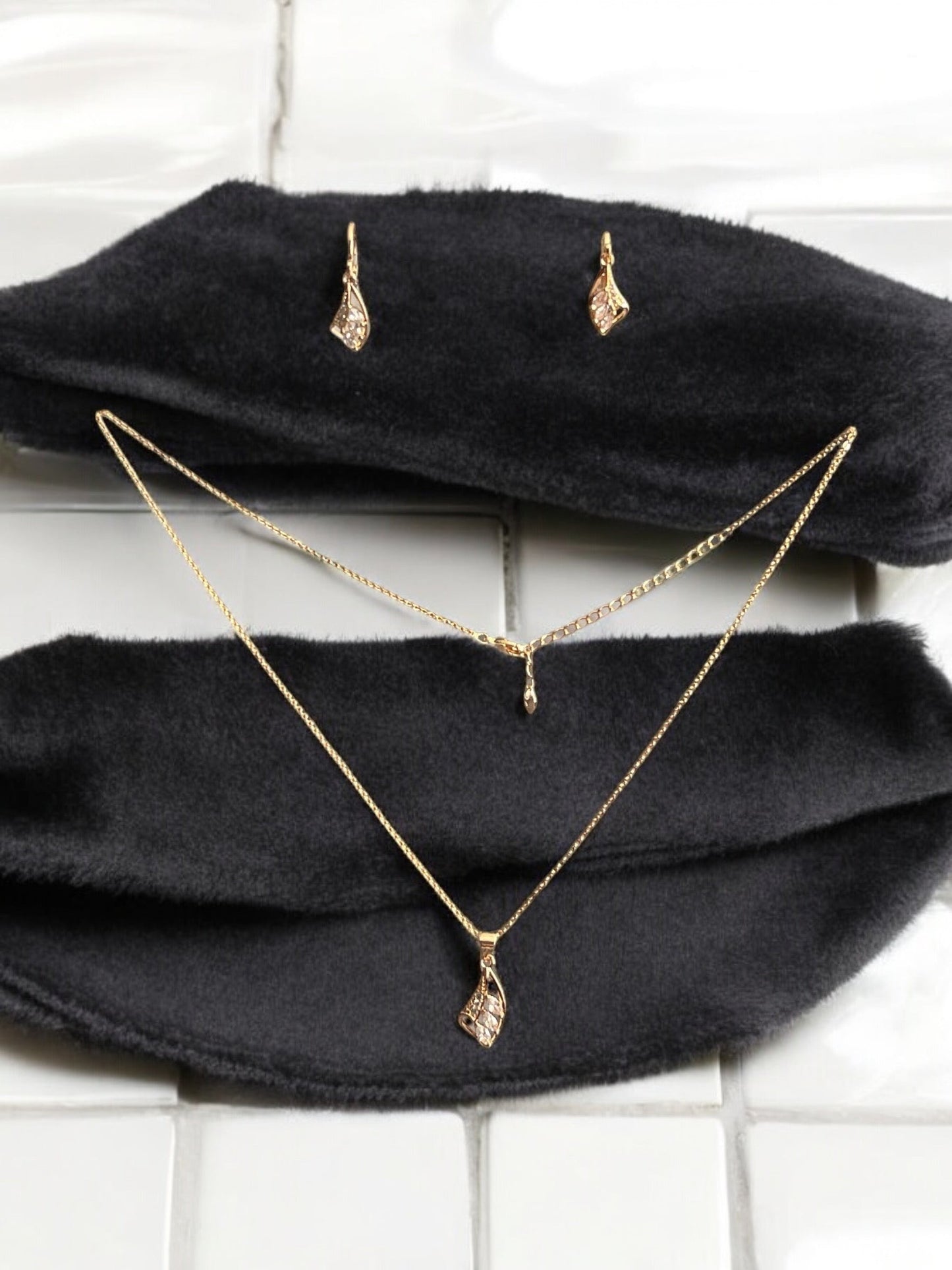 CZ 18k Gold Electroplated Necklace Earrings Pendant Set