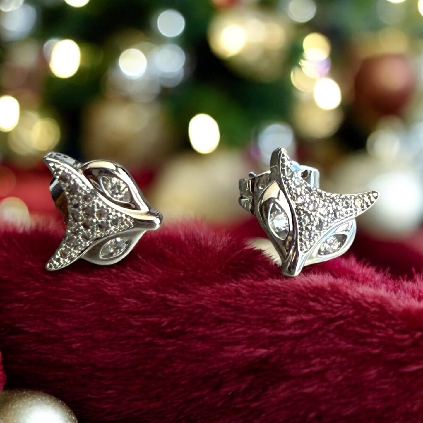 Fox with CZ Rhodium Electroplated Post Back Earrings
