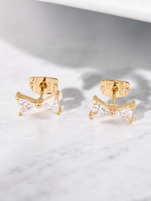 Bow with Cz 18k Gold Electroplated Post Back Earrings
