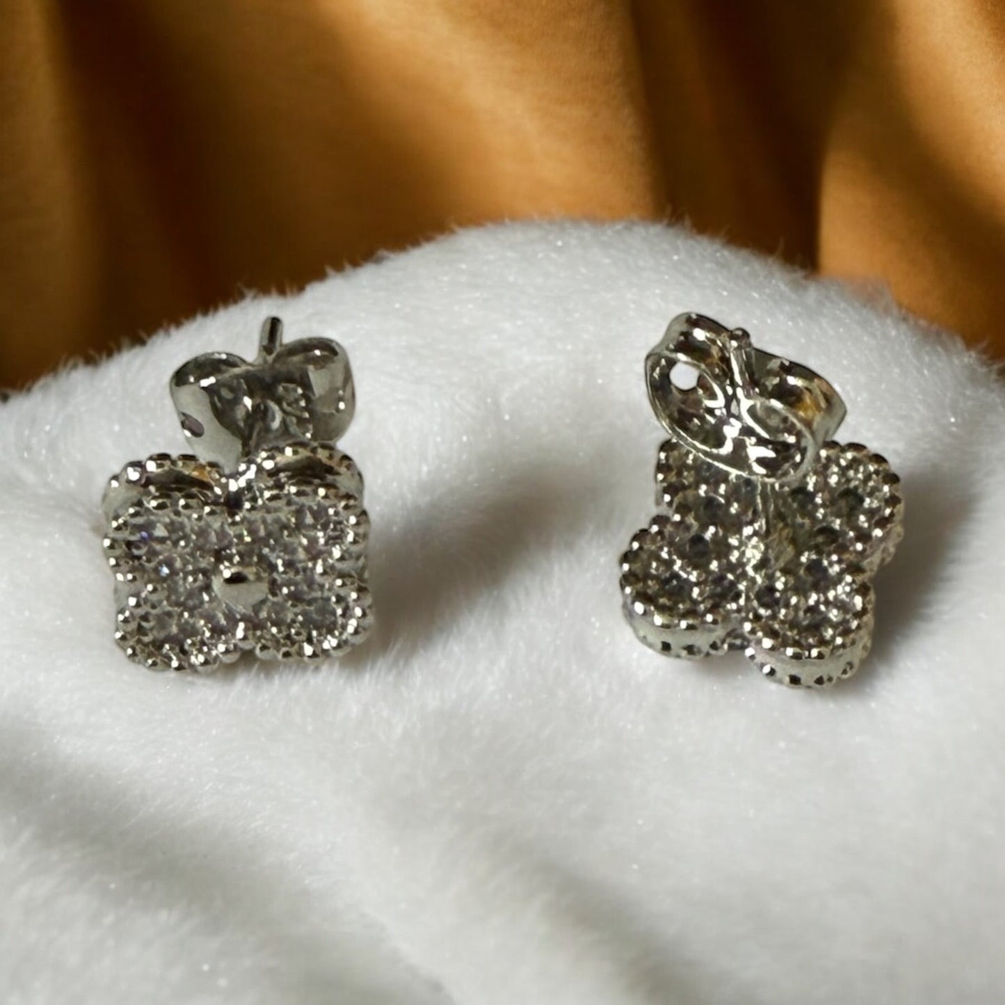 Clover with CZ Rhodium Electroplated Post Back Earrings