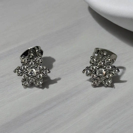 Flower with Cz Rhodium Electroplated Post Back Earrings
