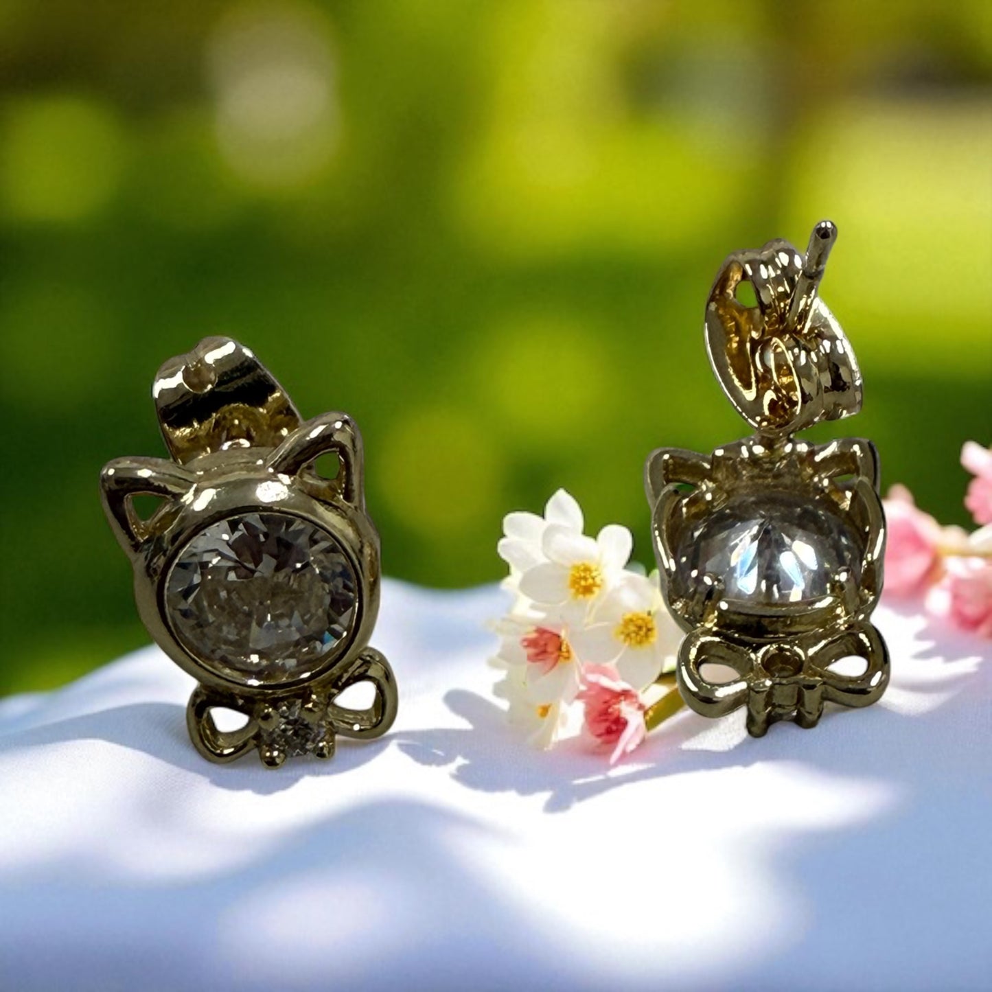 Kitty with Cz 14k Gold Electroplated Earrings