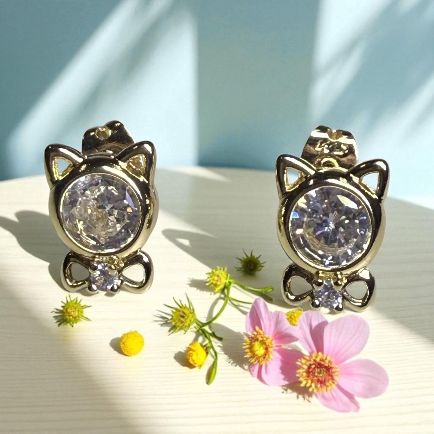 Kitty with Cz 14k Gold Electroplated Earrings