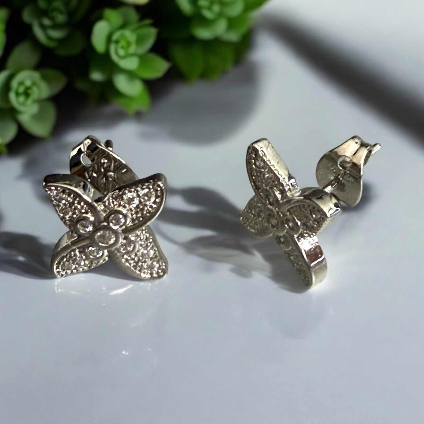 Flower with CZ Stones Rhodium Electroplated Earrings