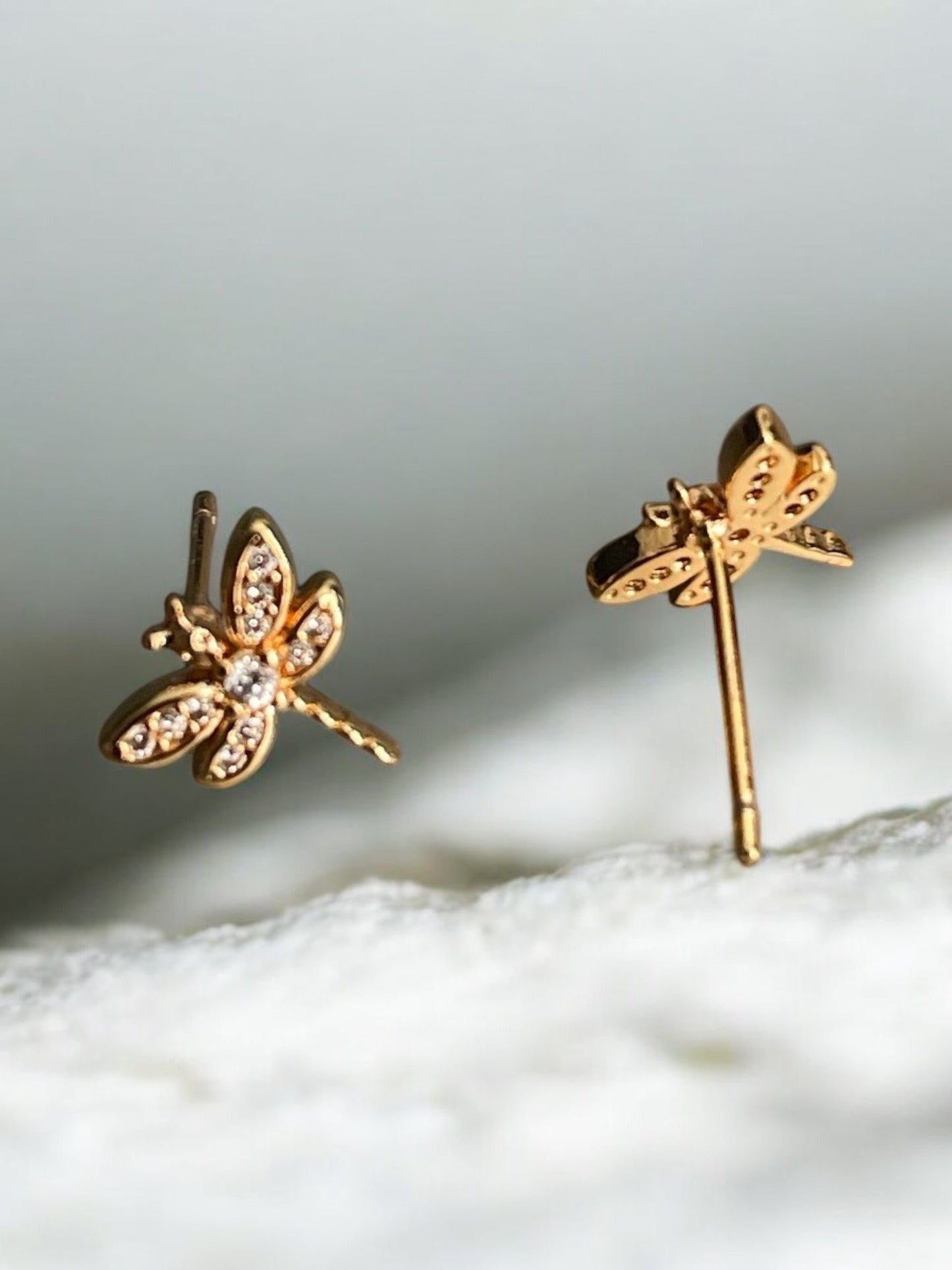 Dragonfly with CZ 18k Gold Electroplated Earrings