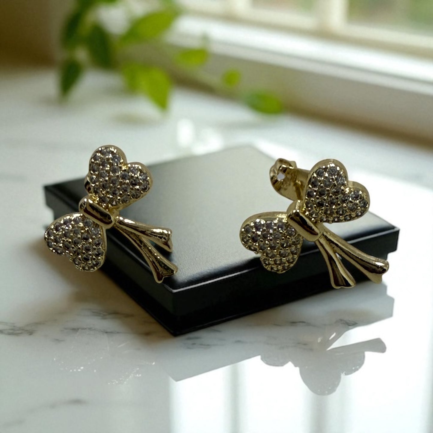 Bow Style with Cz 14k Gold Electroplated Earrings