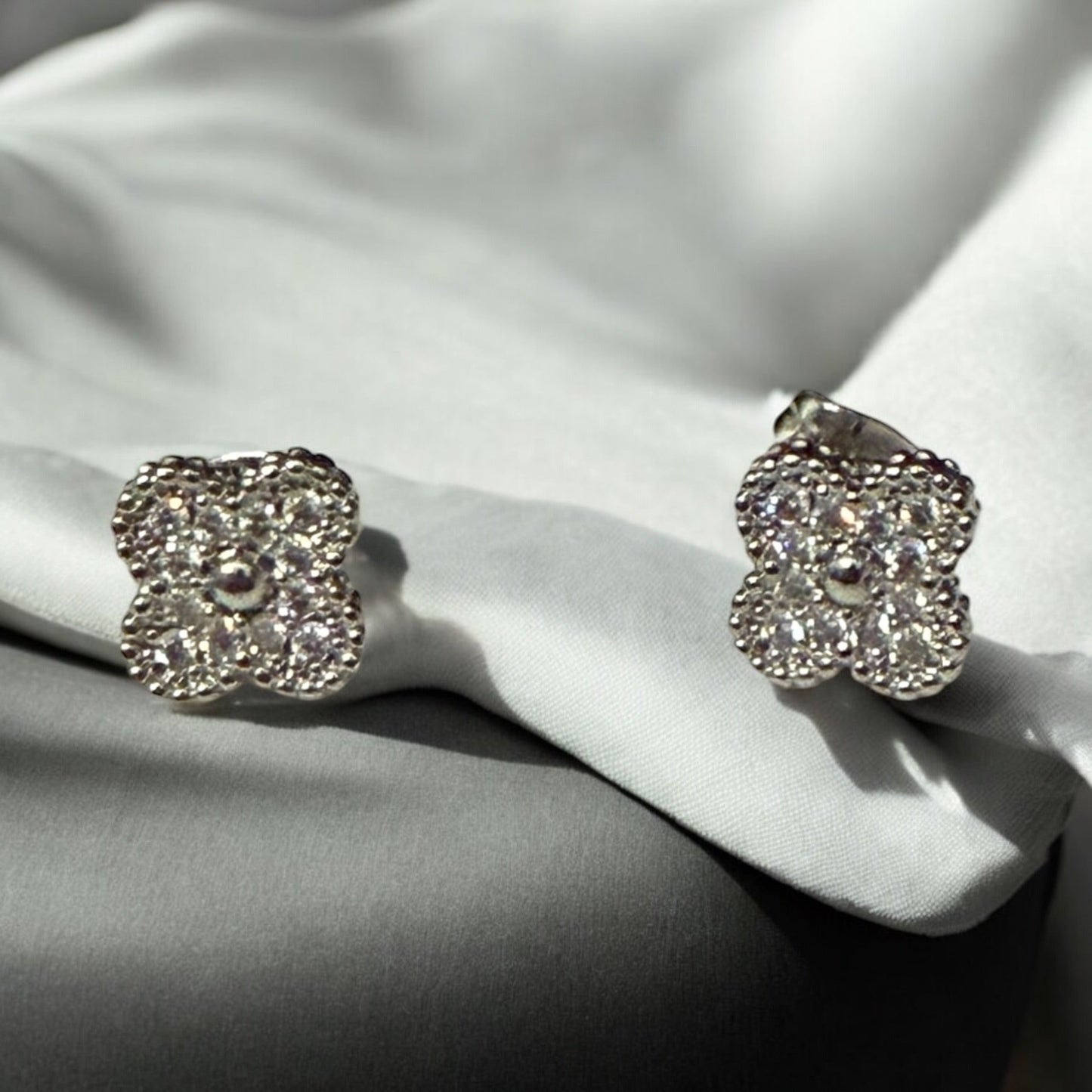 Clover with CZ Rhodium Electroplated Post Back Earrings