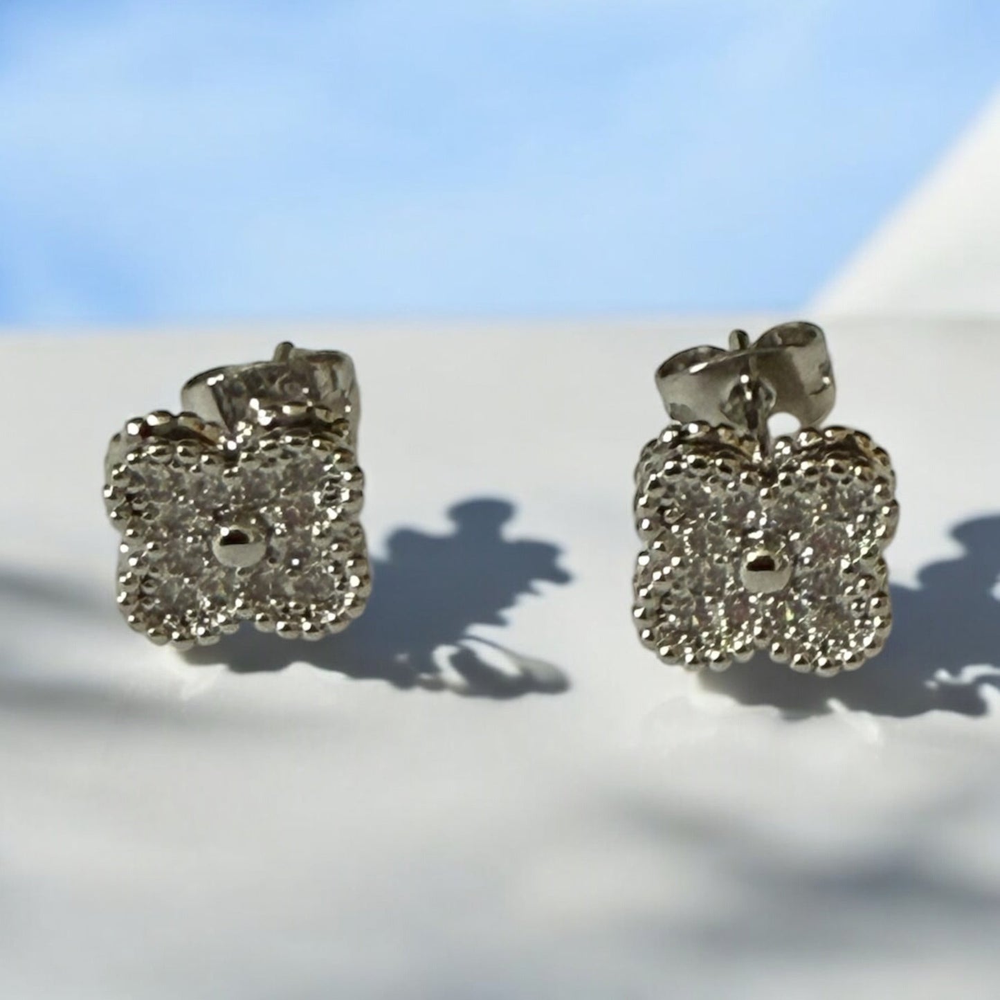 Clover with CZ Rhodium Electroplated Post Back Earrings