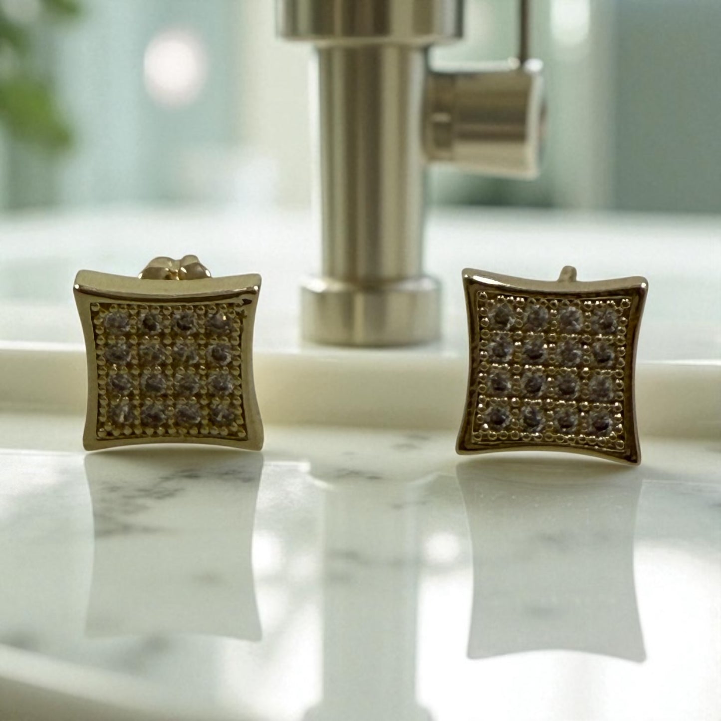 Square with Cz Paved Stones 14k Gold Electroplated Earrings