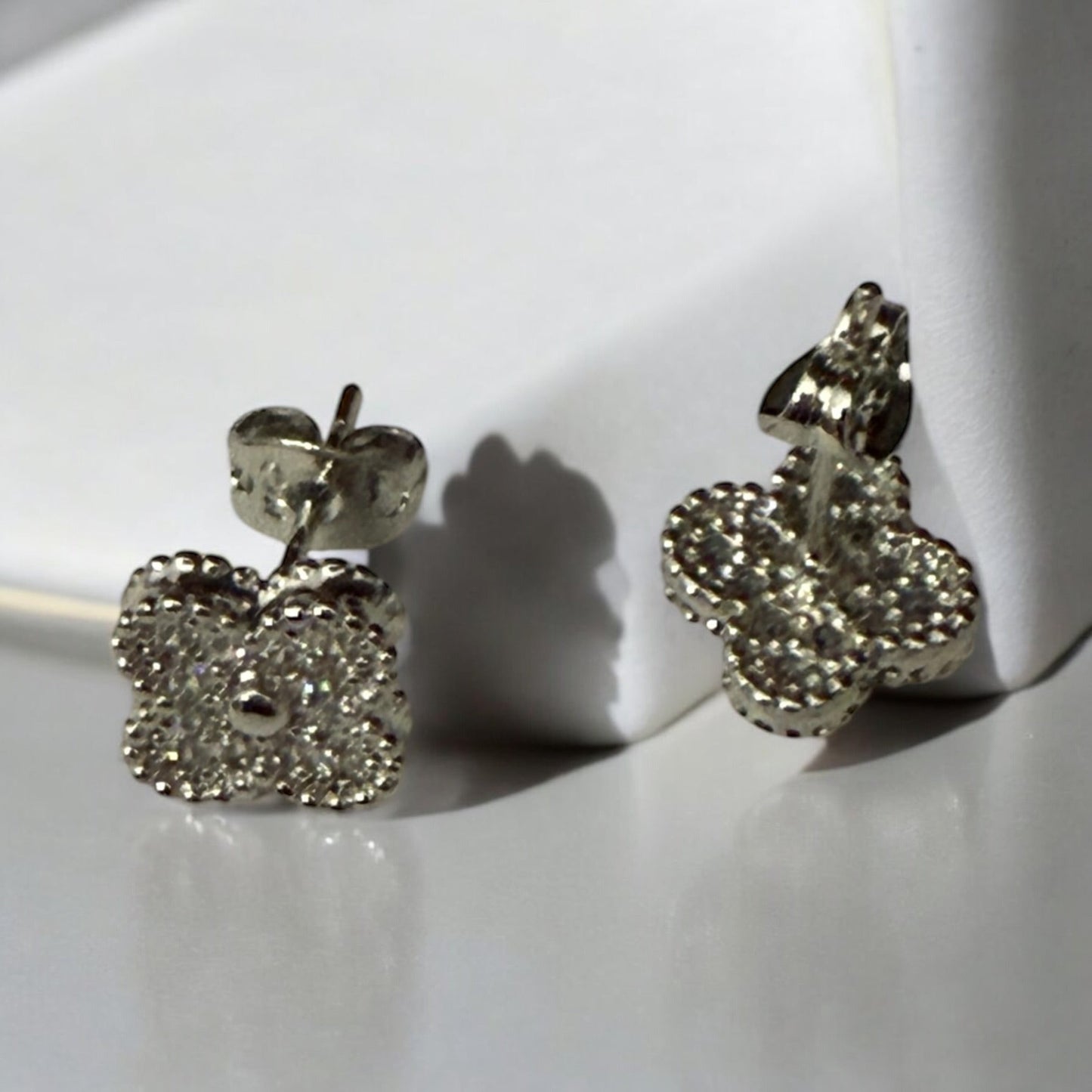 Clover with CZ Rhodium Electroplated Post Back Earrings