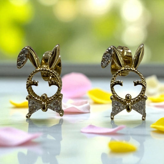 Bunny with Cz 14k Gold Electroplated Post Back Earrings