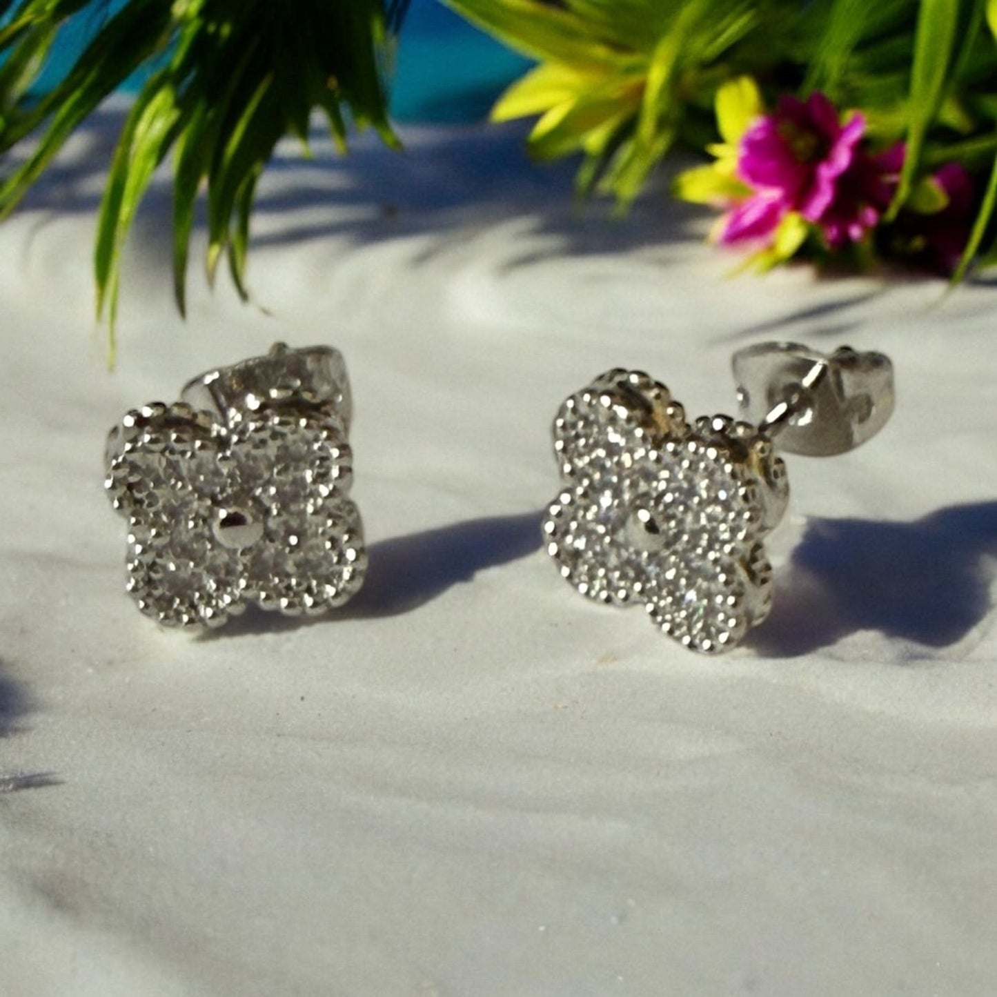 Clover with CZ Rhodium Electroplated Post Back Earrings