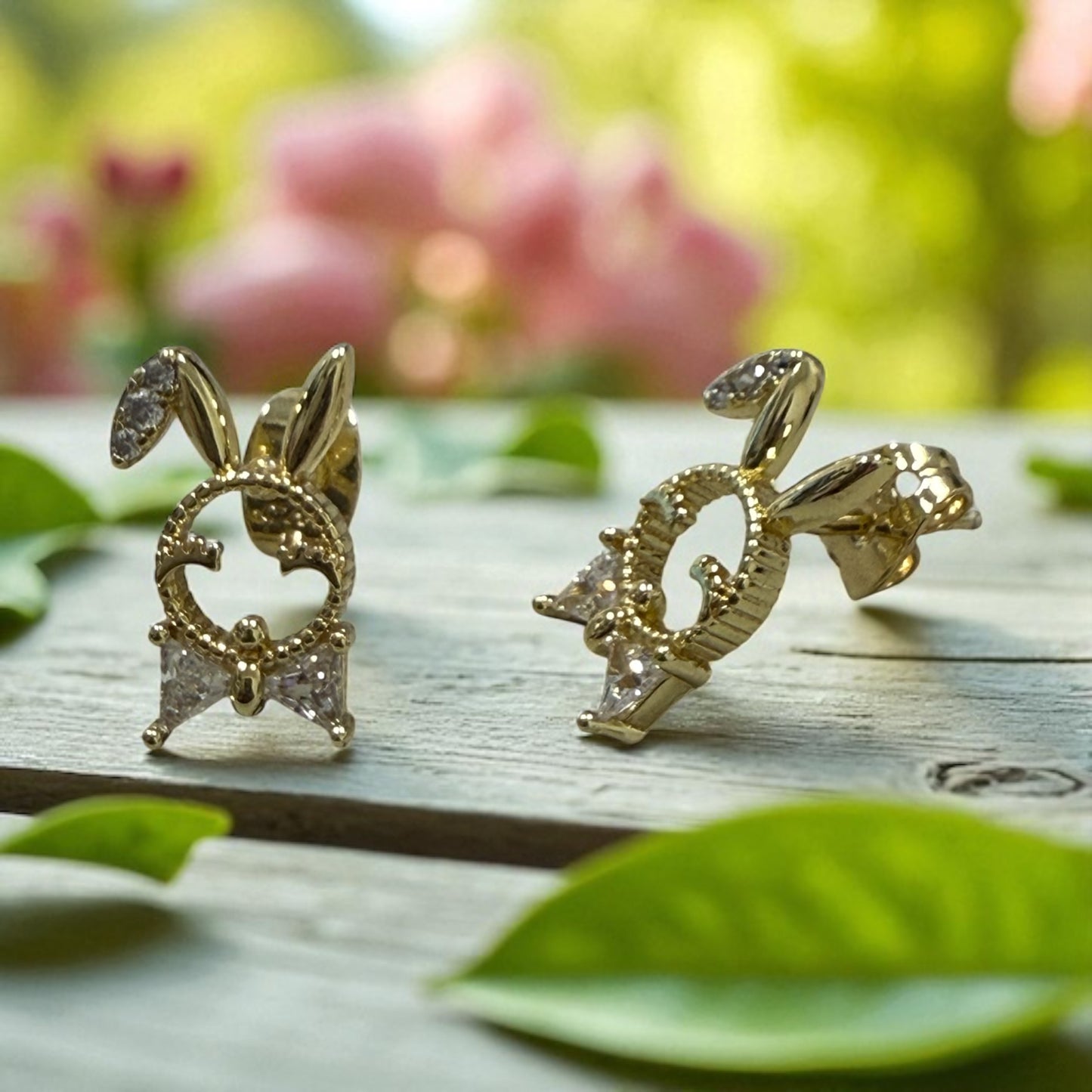 Bunny with Cz 14k Gold Electroplated Post Back Earrings