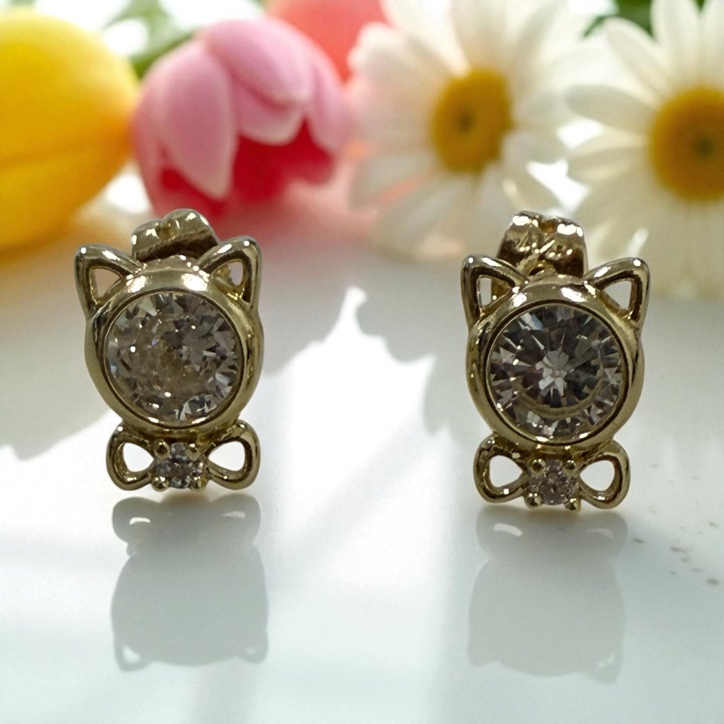 Kitty with Cz 14k Gold Electroplated Earrings