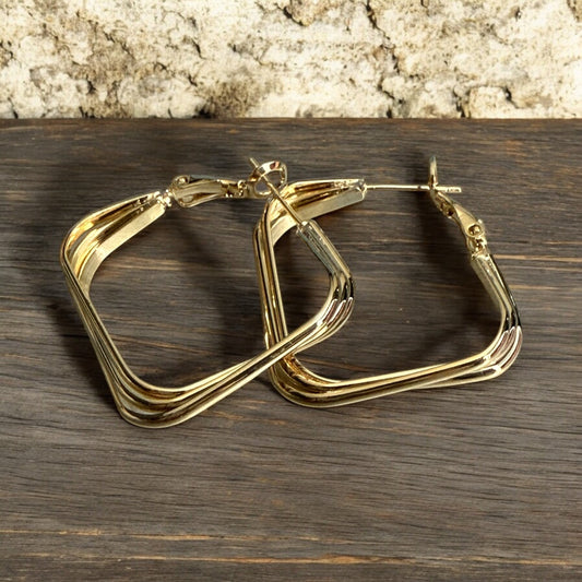 Square Layered 14k Gold Electroplated Hoop Earrings