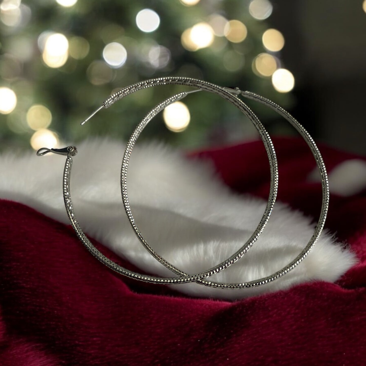 Large with Design Rhodium Electroplated Hoop Earrings