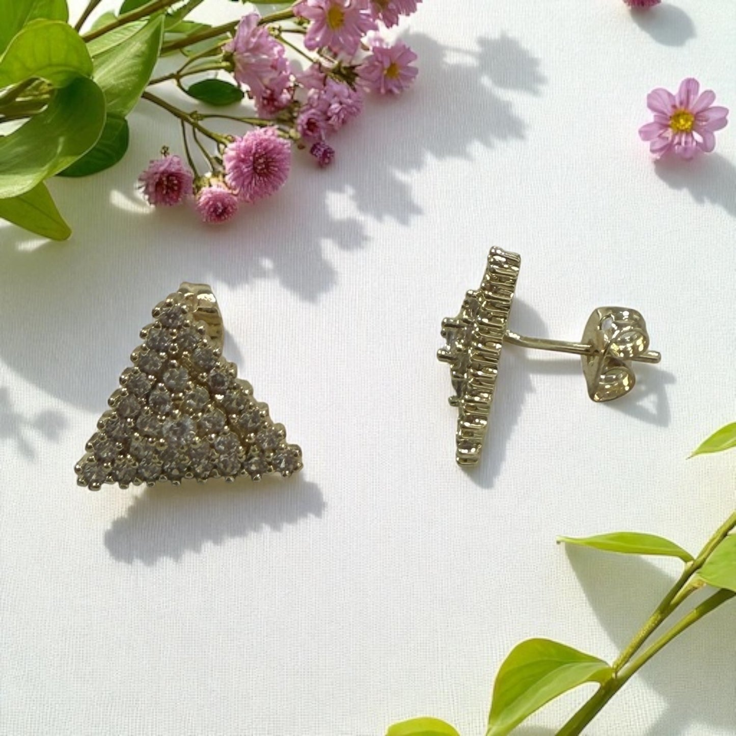 Triangle Shape with Paved Cz Stones 14k Gold Electroplated Earrings