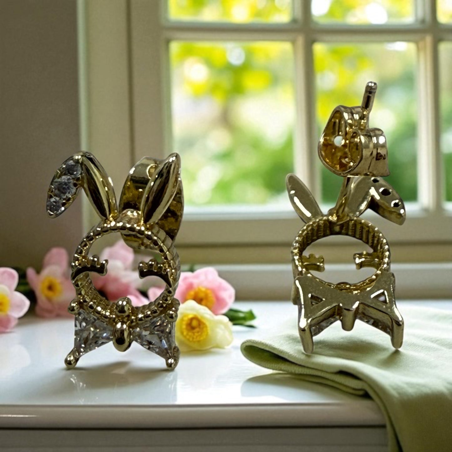 Bunny with Cz 14k Gold Electroplated Post Back Earrings