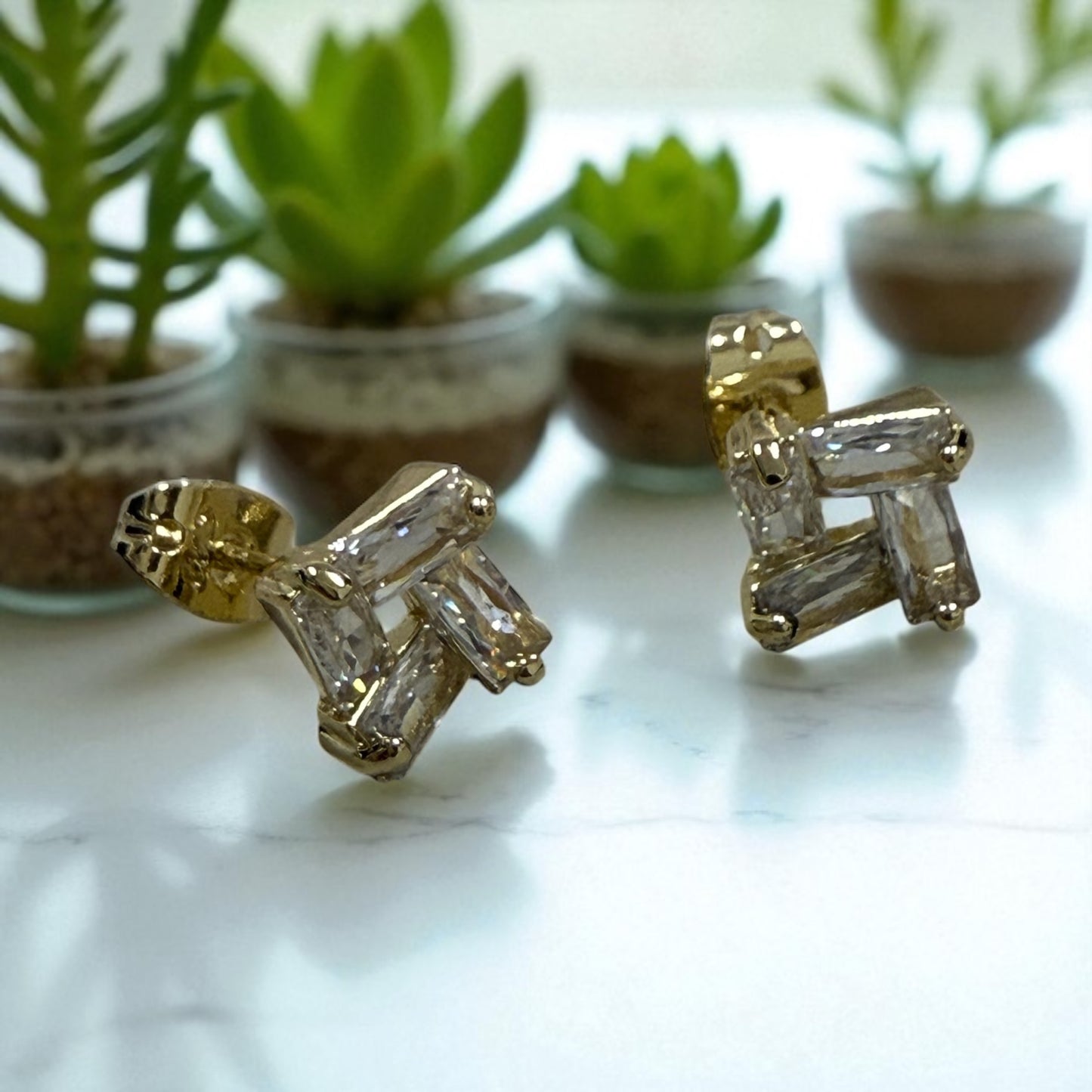 Square with CZ 14k Gold Electroplated Earrings